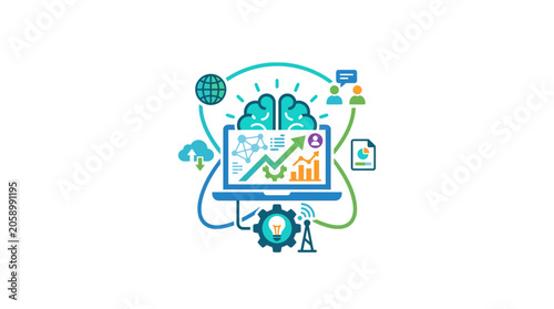 Artificial Intelligence and Data Analysis Concepts: Brain, Laptop, Graphs, Network
