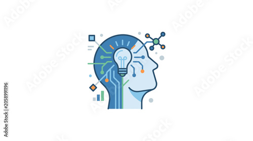 Artificial Intelligence Concept: Human Head with Glowing Lightbulb and Circuits