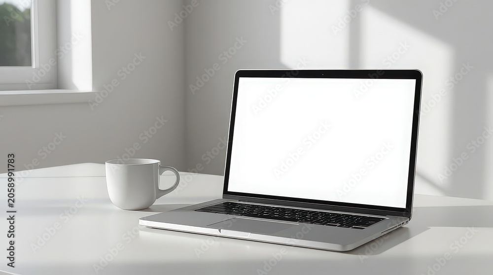 Fototapeta premium Modern laptop with blank screen and a white coffee mug on a white desk in a bright room