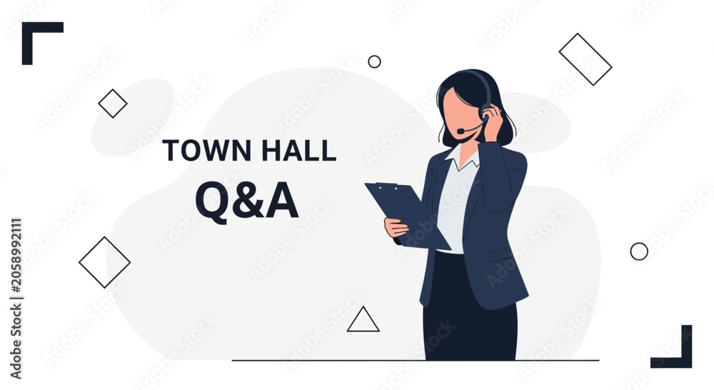 © Ratih - Woman in headset with clipboard for Town Hall Q&A, modern flat illustration style © Ratih - Woman in headset with clipboard for Town Hall Q&A, modern flat illustration style