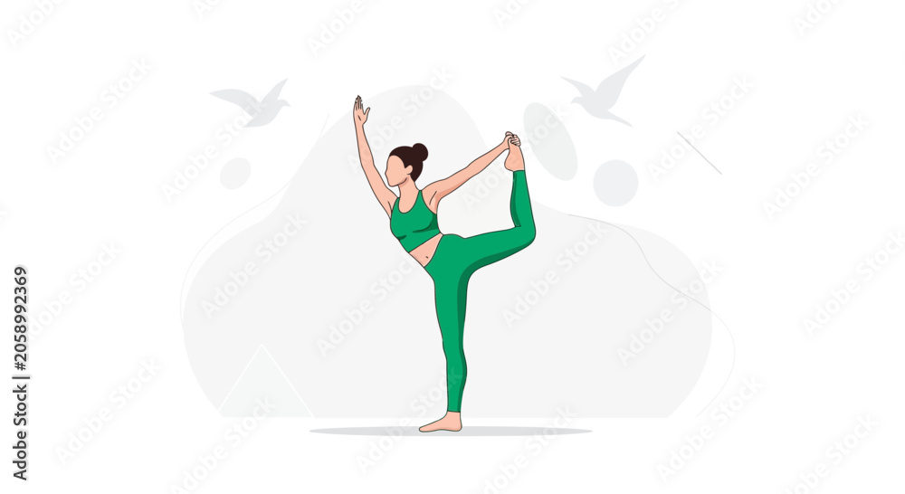 Fototapeta premium Woman Performing Natarajasana Yoga Pose, Dancer's Pose, Vector Illustration of Balance and Flexibility