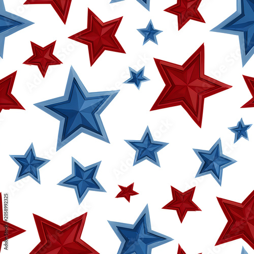 Seamless pattern with red and blue 3d stars isolated on white