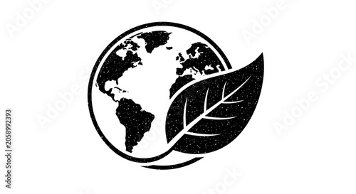 Minimalist Black and White Earth Globe Icon Integrated with a Green Leaf Symbol Representing Environmental Sustainability and Global Conservation Concepts