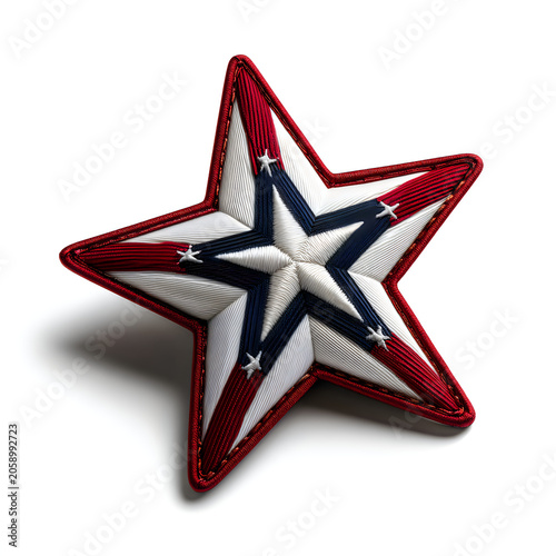 Patriotic starshaped fabric badge isolated on white background