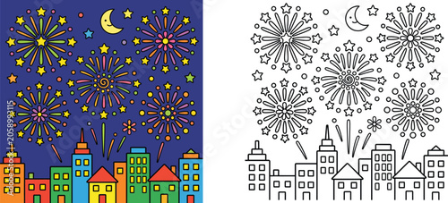 Foto City Skyline Fireworks Coloring Page and Colorful Vector Illustration of Festive