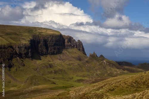 Dramatic landscape of the Quiraing landslide on the Isle of Skye, Scotland.
