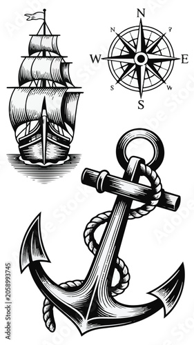 A black and white nautical illustration featuring three elements arranged vertically 