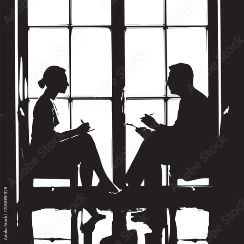 A black and white professional photograph of two people in a meeting setting, silhouetted against a large window with white frames 