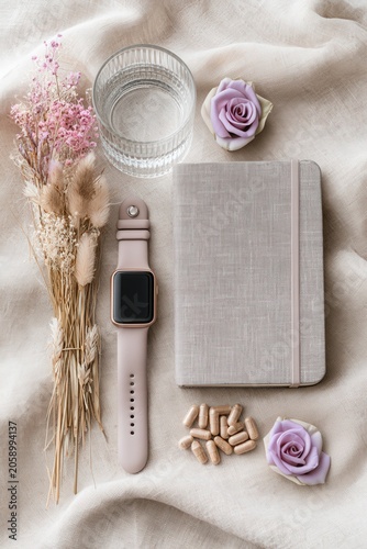 Feminine wellness flat lay with smart watch, linen notebook, glass of water, herbal capsules and delicate dried flowers arranged on soft neutral fabric background.