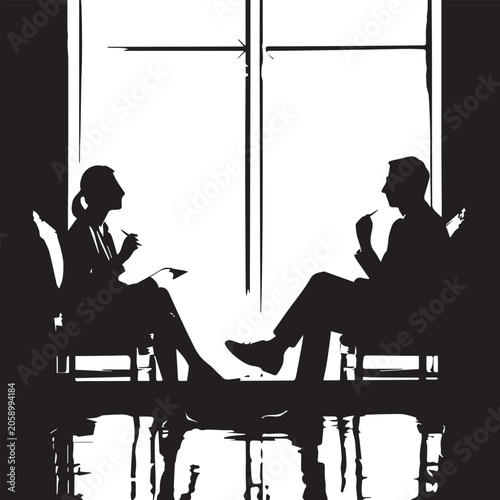 A black and white professional photograph of two people in a meeting setting, silhouetted against a large window with white frames 