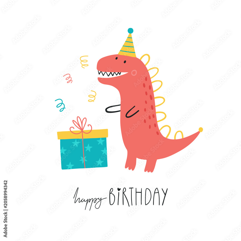 Naklejka premium Cute birthday dinosaur with party hat and gift box. Hand drawn nursery illustration in playful cartoon style. Perfect for kids happy birthday cards, invitations, posters, apparel and decor.