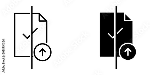 Document upload icon set with checkmark and arrow symbols document transfer submission complete verified business interface uploading graphics