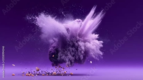 Dynamic explosion of purple powder creating an abstract artistic effect.
