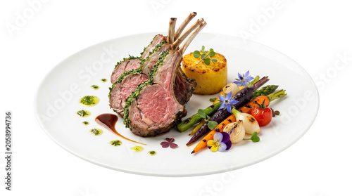 Roasted rack of lamb with herb crust, gourmet plated lamb chops with spring vegetables, fine dining meat entree with edible flowers isolated PNG with Transparent Background