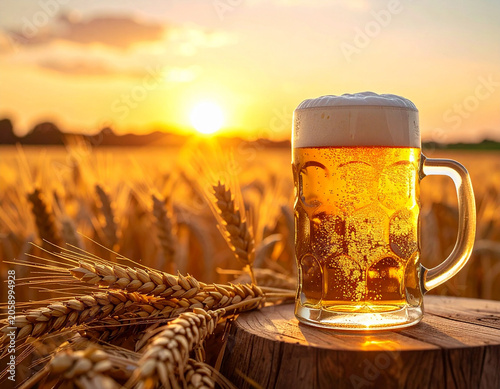 Jarra de cerveza rubia con espuma al atardecer entre espigas de cereal de cebada en un campo agrícola, imagen de elaboración cervecera, naturaleza, cosecha, turismo gastronómico y hostelería