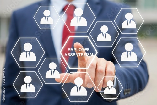 Businessman touching virtual screen with employee absenteeism text and employee icons, representing hr management