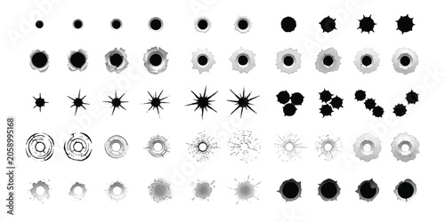 Bild auf Leinwand Set of various black bullet hole icons and gun shot impact marks on surface