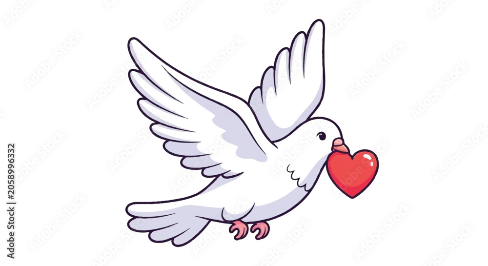 Fototapeta premium White Dove Carrying Red Heart Symbol of Love and Peace.