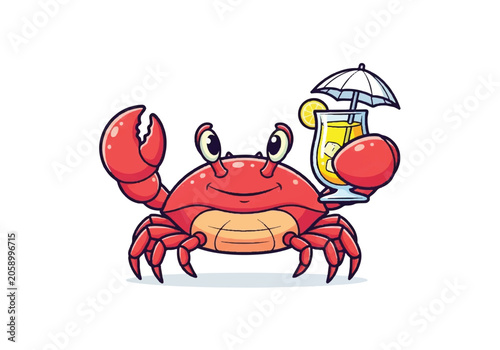 Cute Cartoon Crab Holding a Tropical Drink with Umbrella.