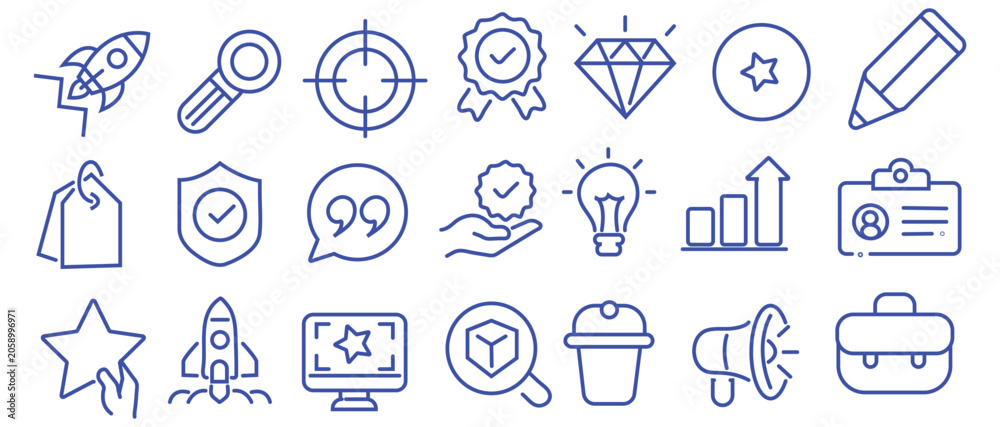 Fototapeta premium Core values concept. Integrity, mission, vision, trust, purpose, leadership and growth editable stroke outline icons set isolated on white background flat vector illustration. Pixel perfect. 64 x 64.
