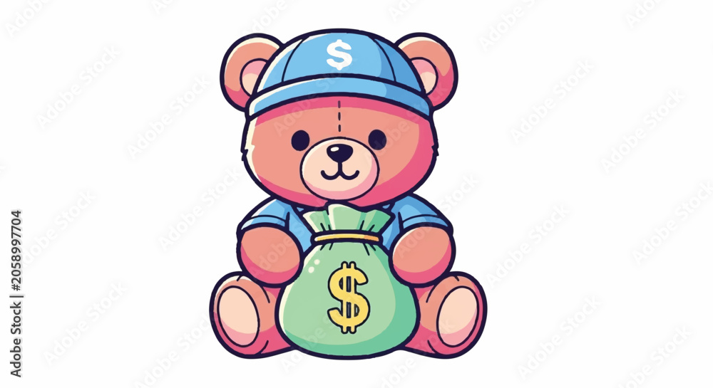 Fototapeta premium Cute Teddy Bear Holding Money Bag with Dollar Sign.