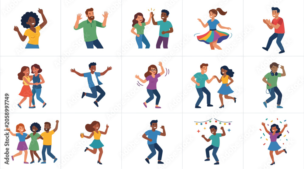 Fototapeta premium Flat vector illustration set of diverse people dancing and celebrating. Modern character icons in colorful outfits enjoying summer party events on white background grid.