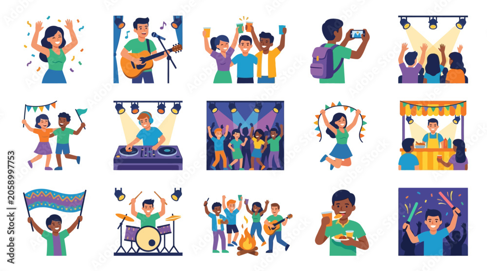 Fototapeta premium Flat vector illustration set of diverse people at a music festival including DJ performing, live band, crowd dancing under stage lights, street food stalls, and outdoor bonfire celebration.