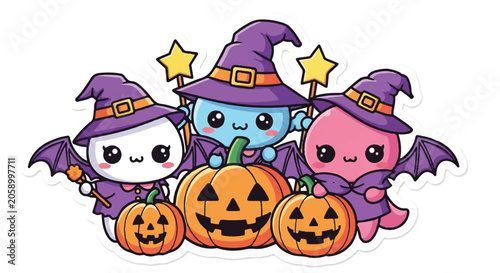 Cute Halloween Characters with Pumpkins and Stars.