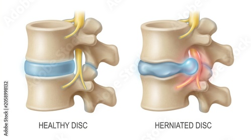 Healthy disc versus herniated disc showing nerve compression and inflammation.
