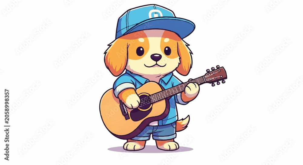 Obraz premium Cute cartoon dog playing guitar wearing a cap and shirt.