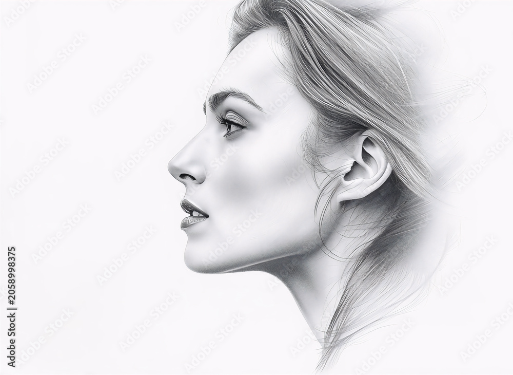 Fototapeta premium Female Side Profile Portrait Pencil Drawing