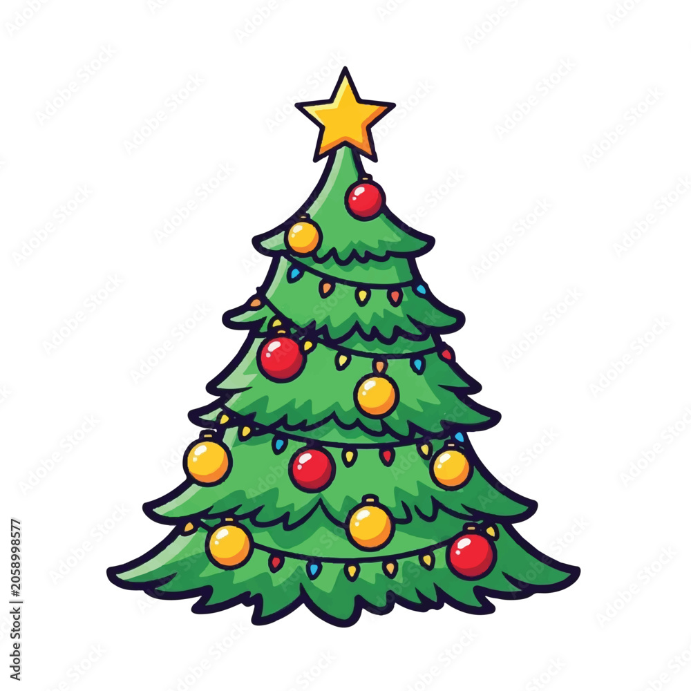 Fototapeta premium Cartoon Christmas Tree Decorated with Ornaments and Lights.
