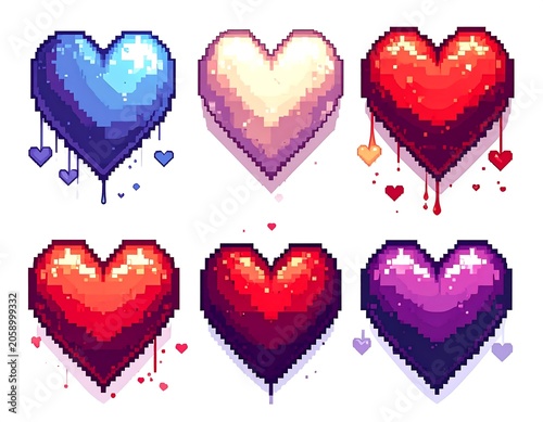 A set of six pixelated hearts in various colors and sizes