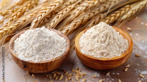 Two wooden bowls filled with fresh white flour on rustic surface with golden wheat stalks.