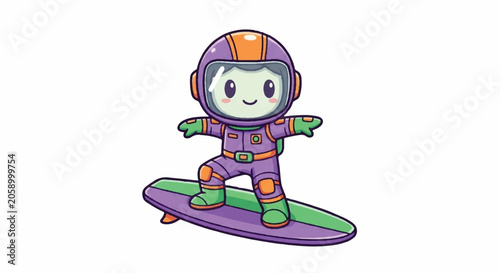 Cute Astronaut Surfing on a Spaceship Board.