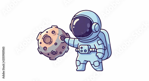 Cute Astronaut Holding a Cartoon Asteroid in Space.