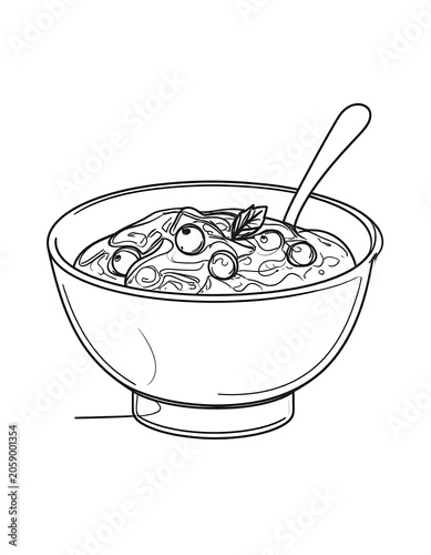 A simple line drawing of a bowl filled with fruit and a spoon