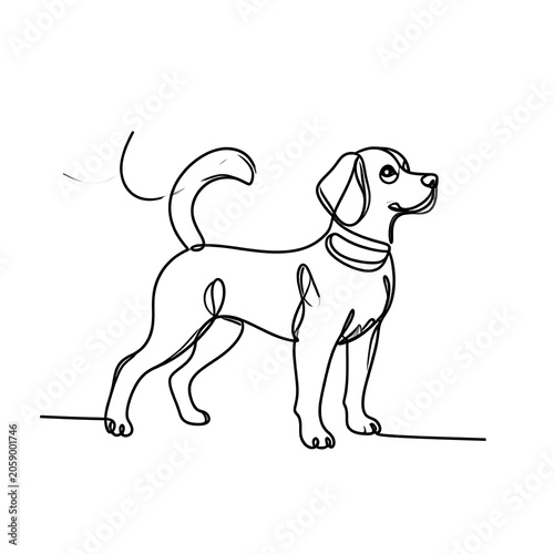 A simple line drawing of a dog standing on a line