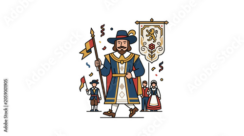 Schilderij op canvas Historical Parade: Man in 17th Century Costume with Banner and Flags
