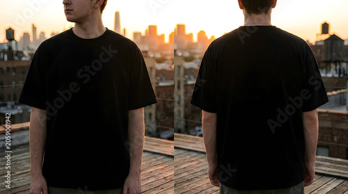 Diptych mockup of a young man on an outdoor urban rooftop terrace wearing a blank black oversized streetwear t-shirt, shown from the front and back view