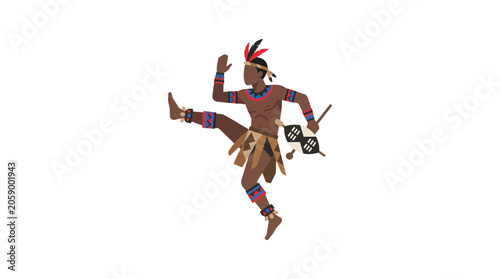 Bild auf Leinwand African Dancer in Traditional Costume Performing Ritual Dance with Spear and Shi