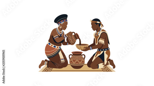 Schilderij op canvas African couple in traditional clothing pouring drink from jug into bowl, cultura