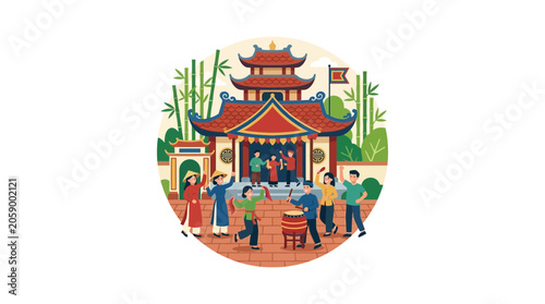 Quadro su tela Vietnamese Temple Celebration with People and Drumming