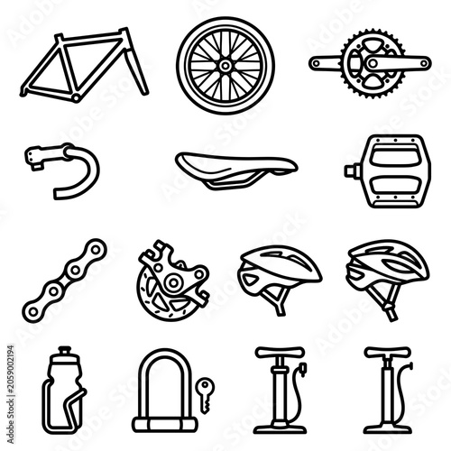 Minimalist bicycle parts and accessories icon set