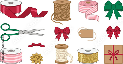 Tablou pe pânză Gift Wrapping Ribbon and Bow Vector Set Featuring Spools of Twine Lace Scissors