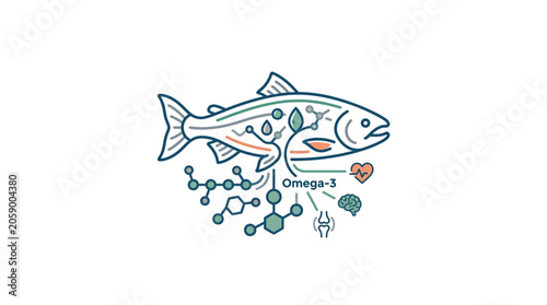 Fotografía Salmon fish illustration showing omega 3 benefits for brain and heart health