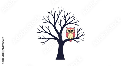 Cute Owl Perched on a Bare Tree Branch.