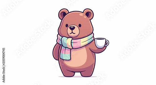 Cute cartoon bear wearing a scarf holding a coffee cup.