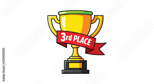 Cartoon illustration of a 3rd place trophy with a red ribbon.