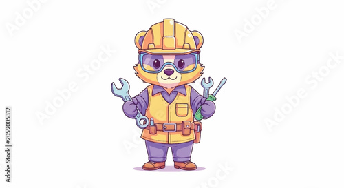 Cartoon Bear Construction Worker Holding Tools.